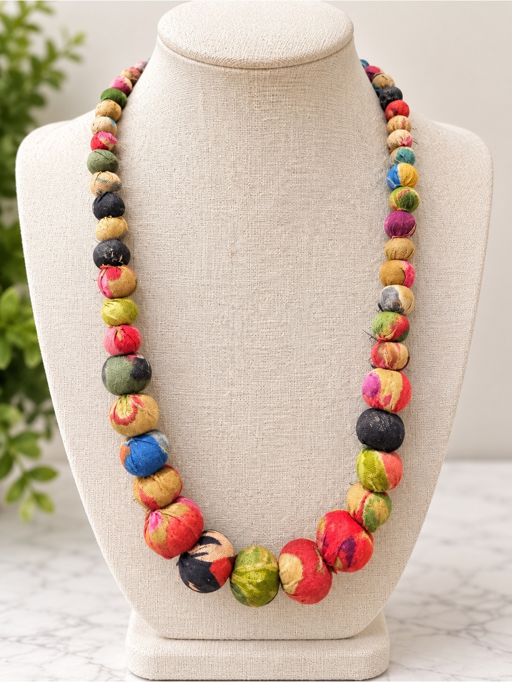 Plunder Multicolor Fabric Wrapped Bead Necklace Boho Statement Jewelry